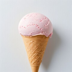 Pink soft serve ice cream in a cone on white background..