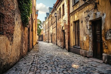 Obraz premium A Glimpse of Time: Sunbeams Dance on a Worn Cobblestone Alleyway in Historic Europe.