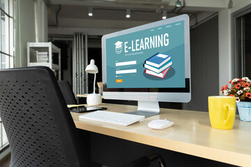 Naklejka premium E-learning website with modish sofware for student to study online on the internet network