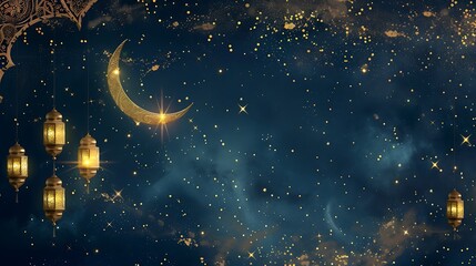 Fototapeta premium Golden Ramadan Background with Crescent Moon and Lanterns