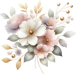 Fototapeta premium Elegant pastel floral bouquet with white and pink flowers, delicate leaves, and gold accents 