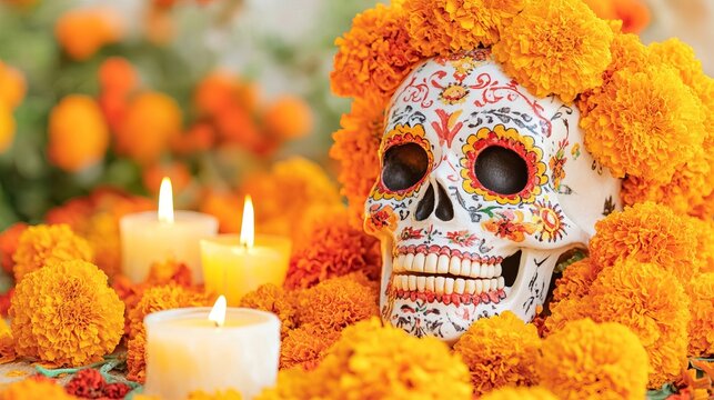 Traditional Celebration with a catrina mask and Cempasuchil Flowers and Lighted Candles