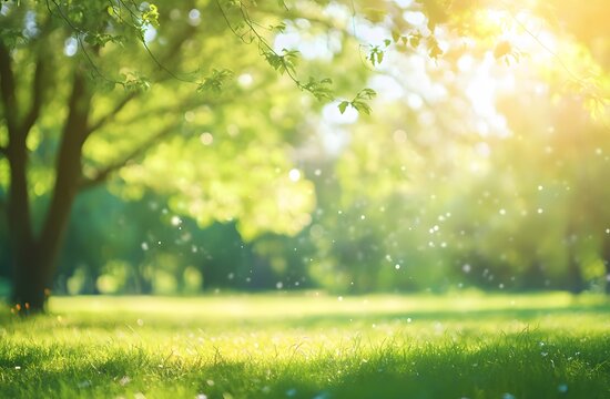 Sunny day in a green park. A serene view of a lush green park under a clear blue sky, evoking feelings of peace and nature's tranquility. Perfect for spring or summer backgrounds.