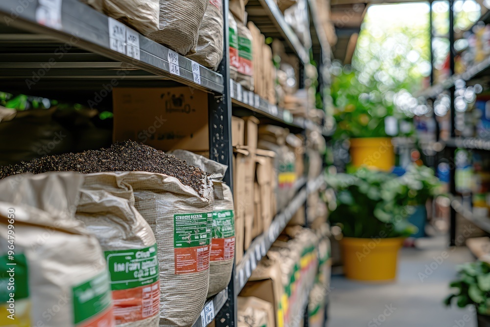 Wall mural nourishing growth: a colorful array of fertilizer bags line a garden center shelf, ready to transfor