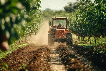 Fototapeta premium A Tractor Spreads Fertilizer in a Lush Orchard, Creating a Dusty Trail in its Wake. The Sunlight Bathes the Scene in Warm, Golden Hues.