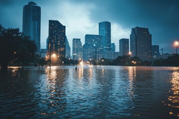 Obraz premium City Submerged: A haunting view of a flooded cityscape, skyscrapers rising above the water, illuminating the twilight sky with their lights.
