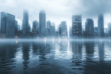 Fototapeta premium A City Submerged: A haunting glimpse of skyscrapers engulfed by rising waters, a stark reminder of climate change.