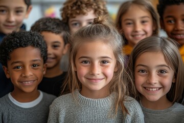 Happy diverse junior school students children group looking at camera standing in classroom. Smiling multiethnic cool kids boys and girls friends posing for group portrait, Generative AI