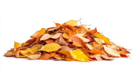 Pile of autumn fall colorful leaves isolated on white background 