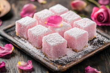 Elegant squares of rose flavored Turkish delight dusted with powdered sugar, adorned with rose petals