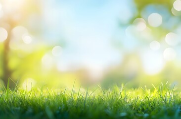 Obraz premium Sunny green grass background. A vibrant image of fresh green grass under sunlight. Ideal for themes of nature, freshness, and tranquility. The bokeh effect adds a warm, serene atmosphere.