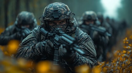 Soldiers in camouflage and tactical gear advance through the forest during the battle at dawn