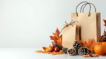 Autumn-themed gift bags surrounded by seasonal decor on a clean surface