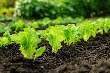 Obraz premium A Row of Lush Lettuce Plants, Vibrant Green Against Rich, Dark Soil, Ready for Harvest.