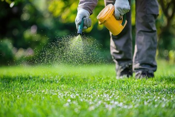 A gardener, meticulously applying fertilizer to a lush green lawn, ensuring a healthy and vibrant garden.