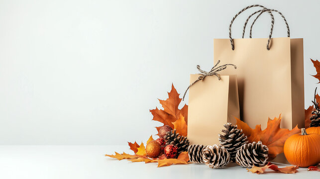 Autumn-themed gift bags surrounded by seasonal decor on a clean surface