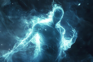 An abstract portrayal of a ghostly and transparent spirit with an ethereal presence, radiating a mystical glow