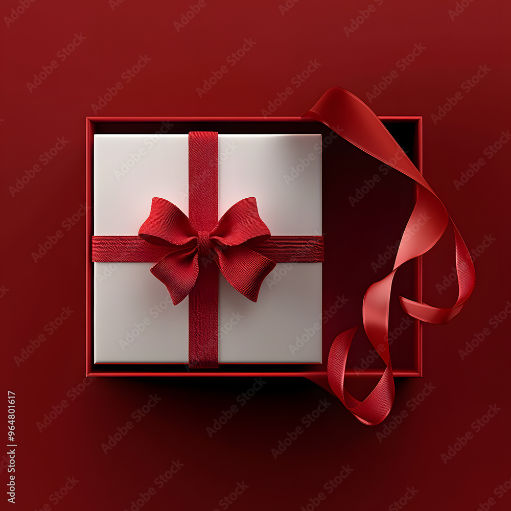 Poster blank white gift box open or top view of white present box tied with red ribbon bow isolated on dark