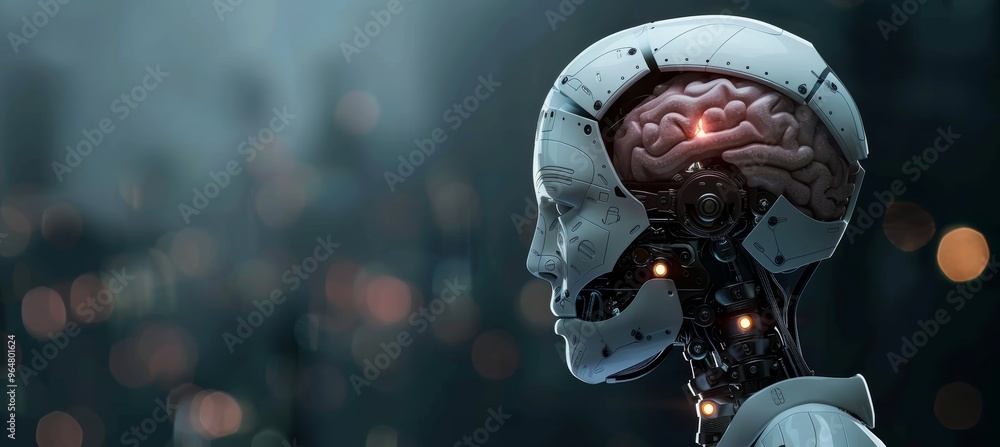 Aufkleber profile view of a sleek ai robot against a blurred dark background, space available for text or grap