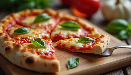 The image shows a flat lay of a pizza on a wooden cutting board, topped with sliced tomatoes, black olives, and basil leaves.