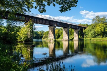 Fototapeta premium A weathered railway bridge stands tall, spanning a tranquil river under a clear blue sky. The reflection of the bridge in the water creates a picturesque scene.