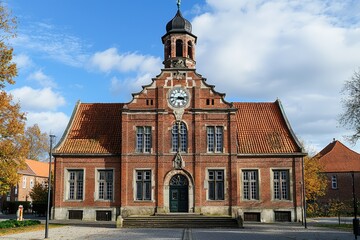 Obraz premium Timeless Elegance: A Brick Town Hall with a Clock Tower, Basking in Autumn's Golden Light