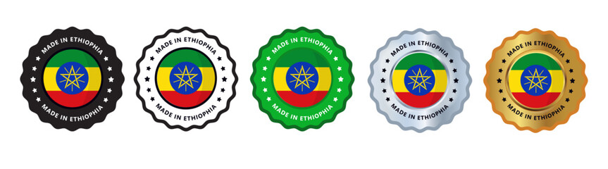 Made in ethiophia set of sign stamp badge, with varian color green, silver, gold, black suitable for products manufactured, military, agriculture or food vector illustration eps editable text