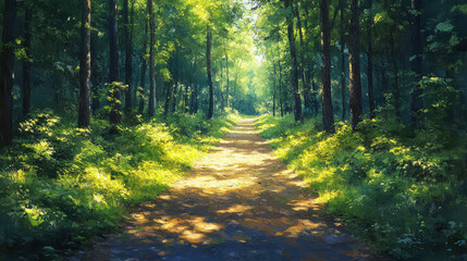 Obraz premium Path through lush green forest with sunlight streaming through trees, creating a peaceful nature atmosphere. Tranquil scenic hiking trail in the woods, calm natural environment