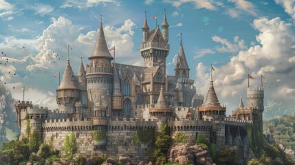 Obraz premium Whimsical fairytale castle background with turrets and medieval architecture