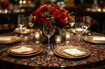 a table with wine glasses and flowers. 