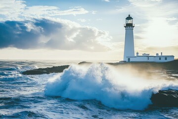 A lone lighthouse stands strong against a stormy sea, its white structure a beacon of hope amidst crashing waves.