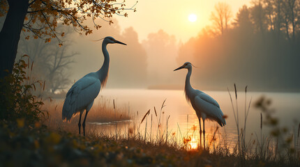 Two Cranes in the Mist at Sunrise © Deepak