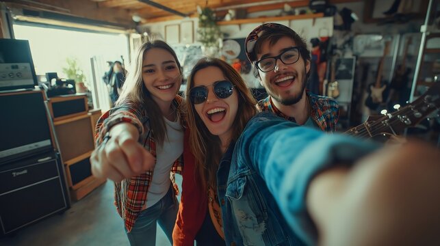 Three happy young people cheerful teenagers, a group of friends women and a man, musicians or musical artists with joyful expressions, taking a selfie in a garage during a rehearsal, friendship, music