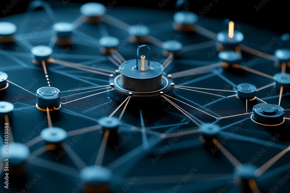 Poster a close-up view of a network structure showing numerous nodes interconnected, converging on a centra