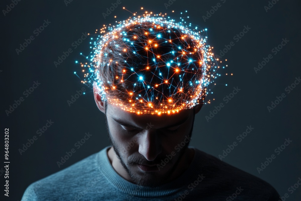 Poster a human head features an artistic representation of a neural network with glowing colorful connectio