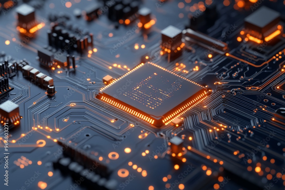 Poster a detailed close-up image of a microchip circuit board with glowing orange lights, symbolizing techn