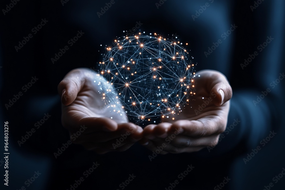 Poster human hands gently cradle a glowing network sphere with interconnected nodes and a dark background, 