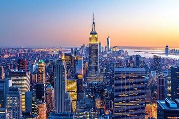 Naklejka premium Manhattan's Skyline Glows at Dusk, a City That Never Sleeps.