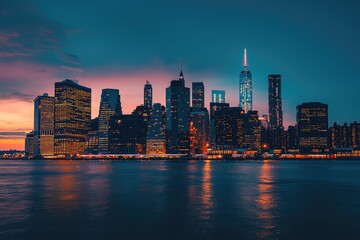 Fototapeta premium Manhattan's Skyline at Dusk: A Symphony of Lights Against the Serene Evening Sky