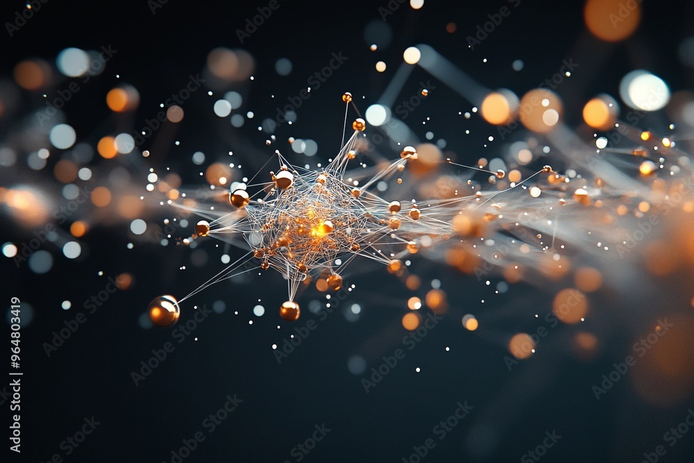 Poster a dynamic representation of interconnected nodes glowing in orange, symbolizing intricate network sy