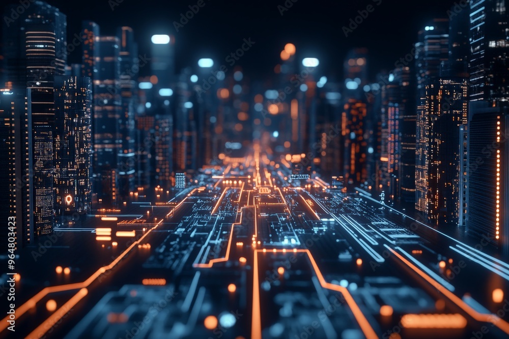 Poster a digital rendering of a futuristic cityscape bustling with lights, integrated with glowing circuitr