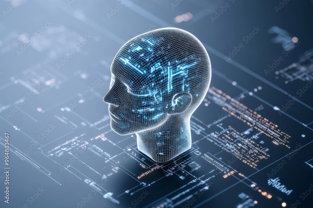 Poster a 3d-rendered human head with an overlay of blue circuitry patterns, symbolizing artificial intellig
