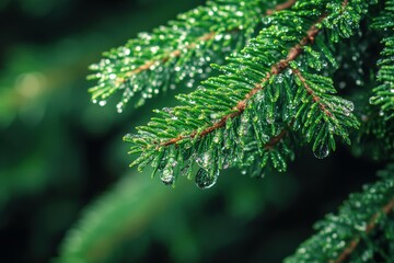 Fresh green pine branches glistening with droplets after rain