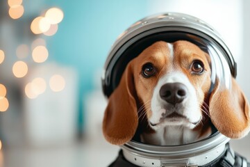 A dog appears to be donning a space helmet, placed against a background with blurred lights, evoking themes of fantasy, exploration, and the use of animals in space missions.