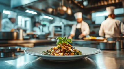 Food dish plate on table in restaurant kitchen and chefs on background 