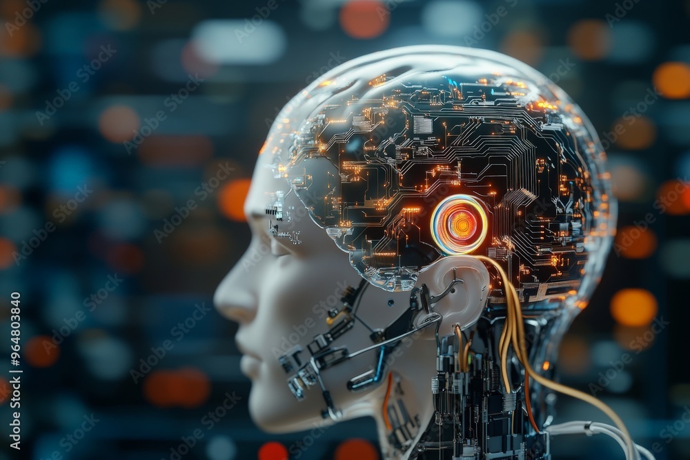 Poster a futuristic robot's head with illuminated circuitry and glowing lights represents advanced technolo