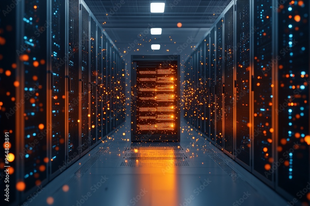 Poster a dim-lit server room with a central, glowing server tower, symbolizing data storage, digital networ