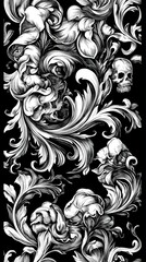 Fototapeta premium Intricate floral design with skull elements on a black background