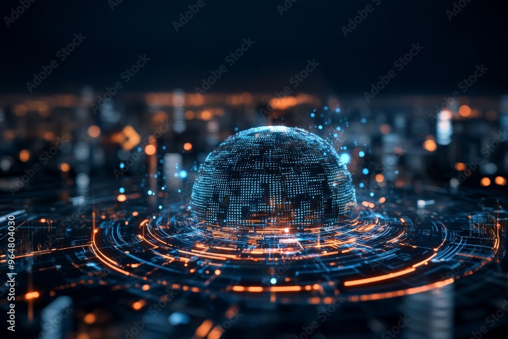 Poster a digital sphere representing data visualization and connectivity rises in a futuristic cityscape il