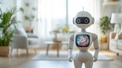 AI companion robot, interactive holographic display, modern home interior